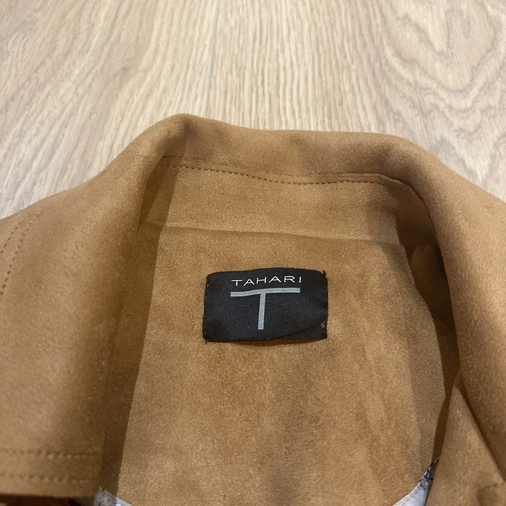 T Tahari Faux‎ Suede Jacket Women's Small Pockets Open Front Moto Style Camel